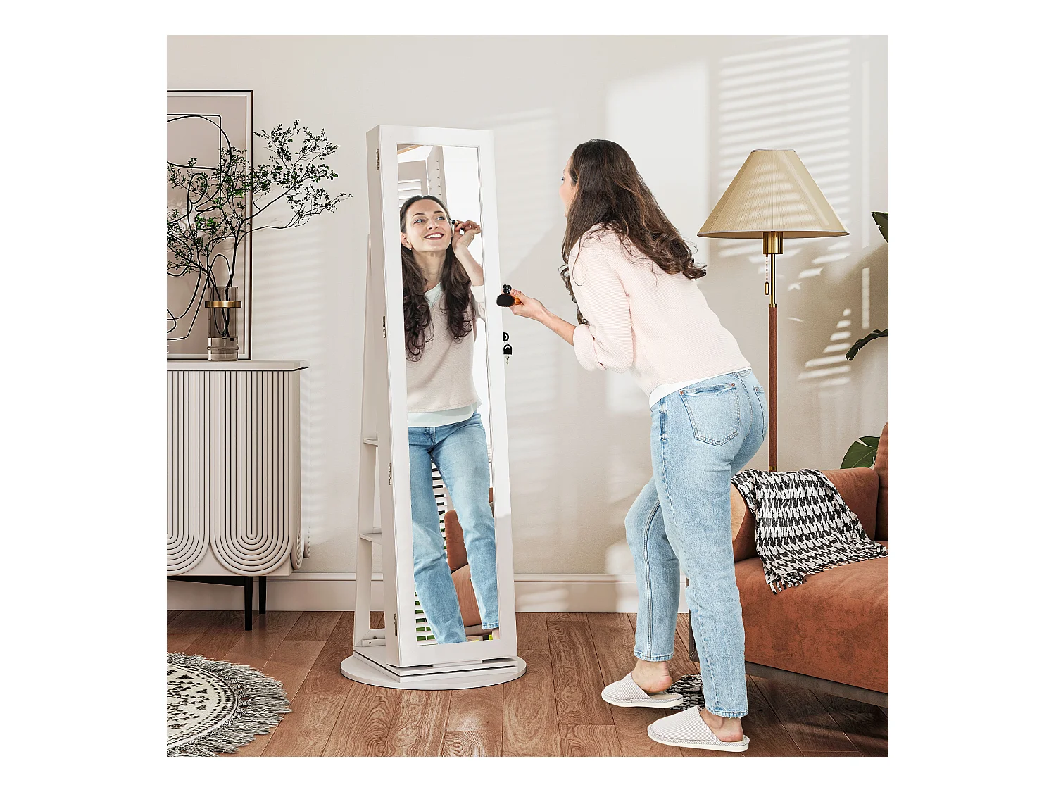 Specchio portagioie girevole con ripiani e chiusura a chiave bianco