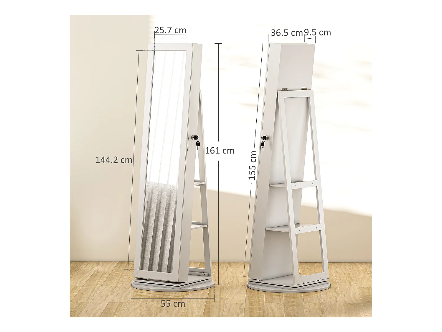 Specchio portagioie girevole con ripiani e chiusura a chiave bianco