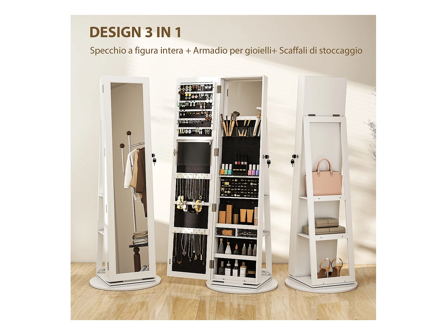 Specchio portagioie girevole con ripiani e chiusura a chiave bianco