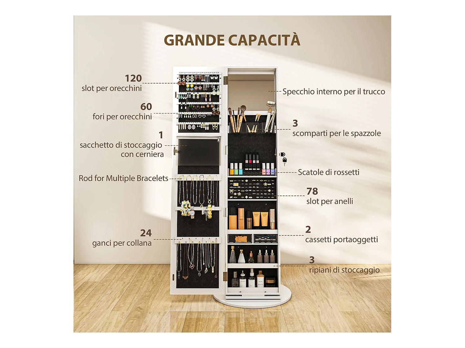 Specchio portagioie girevole con ripiani e chiusura a chiave bianco