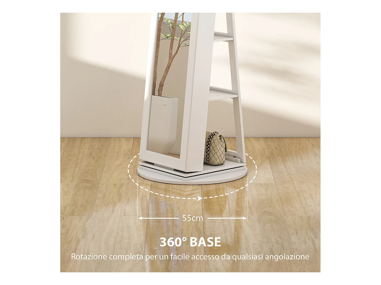 Specchio portagioie girevole con ripiani e chiusura a chiave bianco