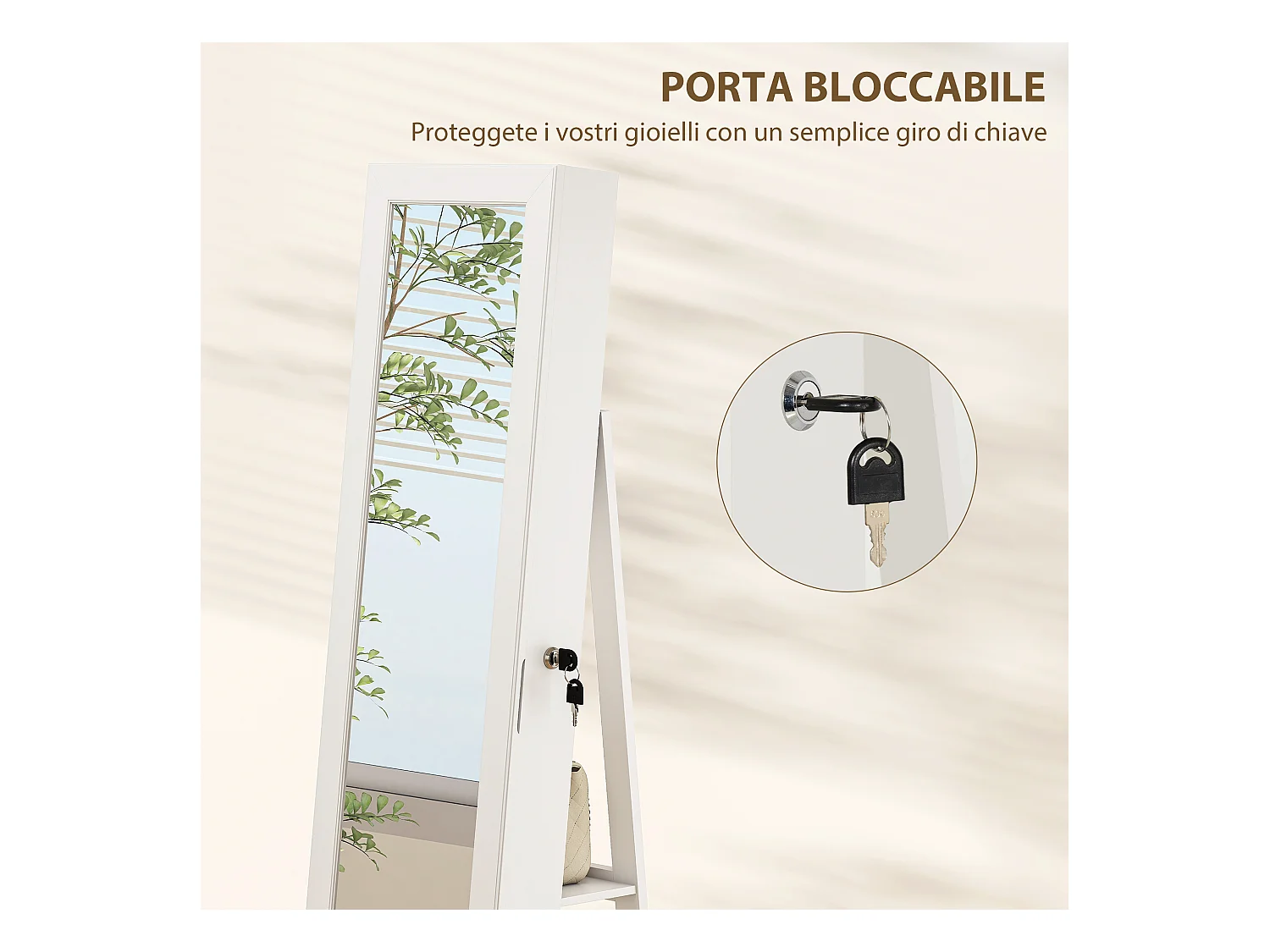 Specchio portagioie girevole con ripiani e chiusura a chiave bianco