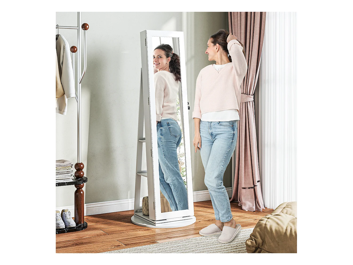 Specchio portagioie girevole con ripiani e chiusura a chiave bianco