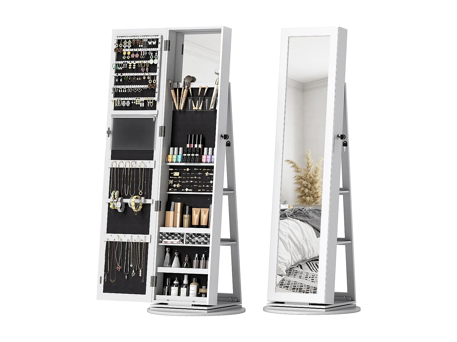 Specchio portagioie girevole con ripiani e chiusura a chiave bianco