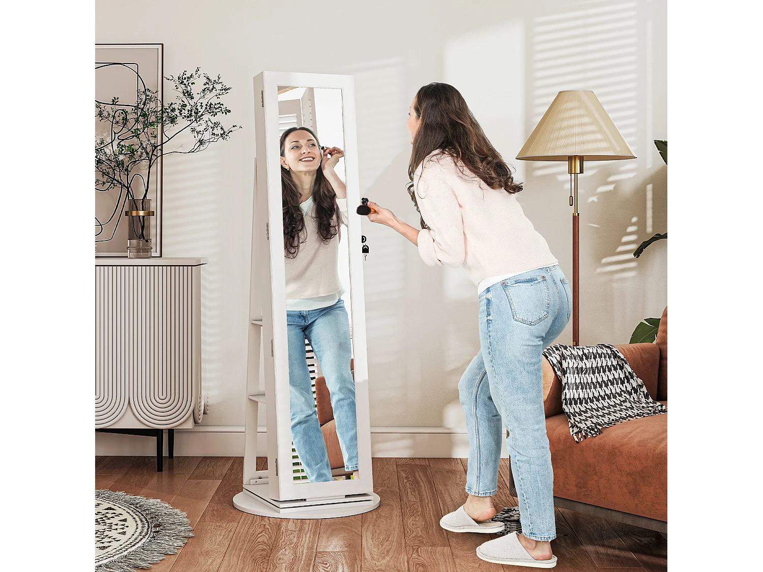 Specchio portagioie girevole con ripiani e chiusura a chiave bianco