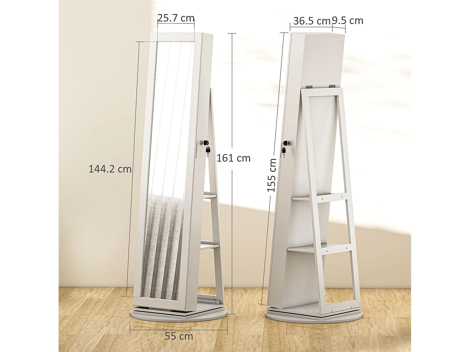 Specchio portagioie girevole con ripiani e chiusura a chiave bianco