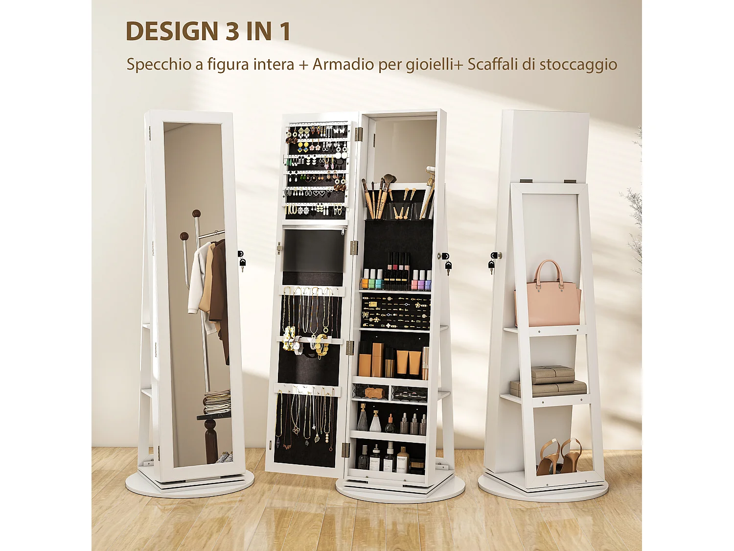 Specchio portagioie girevole con ripiani e chiusura a chiave bianco