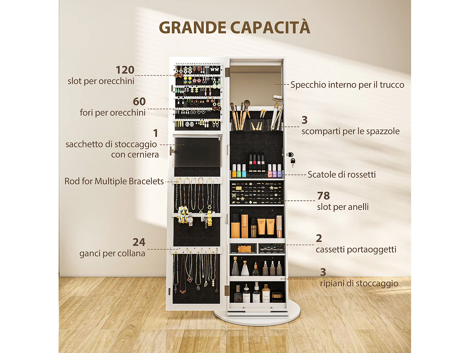 Specchio portagioie girevole con ripiani e chiusura a chiave bianco