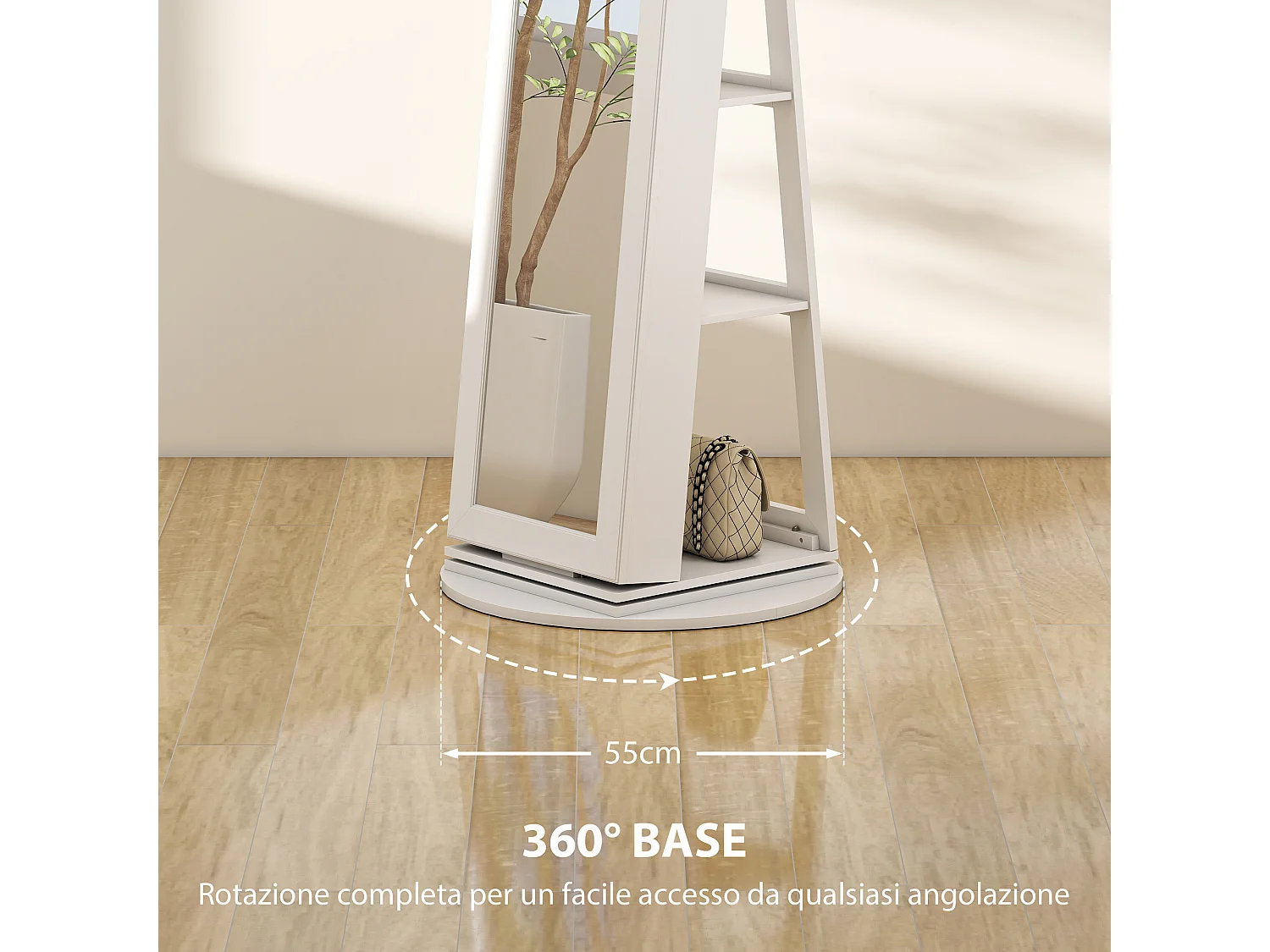 Specchio portagioie girevole con ripiani e chiusura a chiave bianco