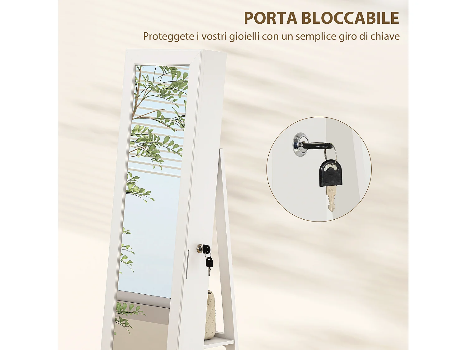 Specchio portagioie girevole con ripiani e chiusura a chiave bianco