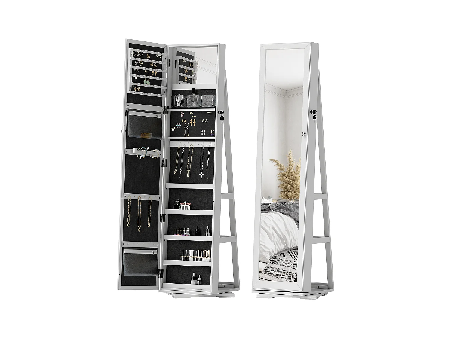 Specchio portagioie moderno camera in legno bianco con 2 chiavi