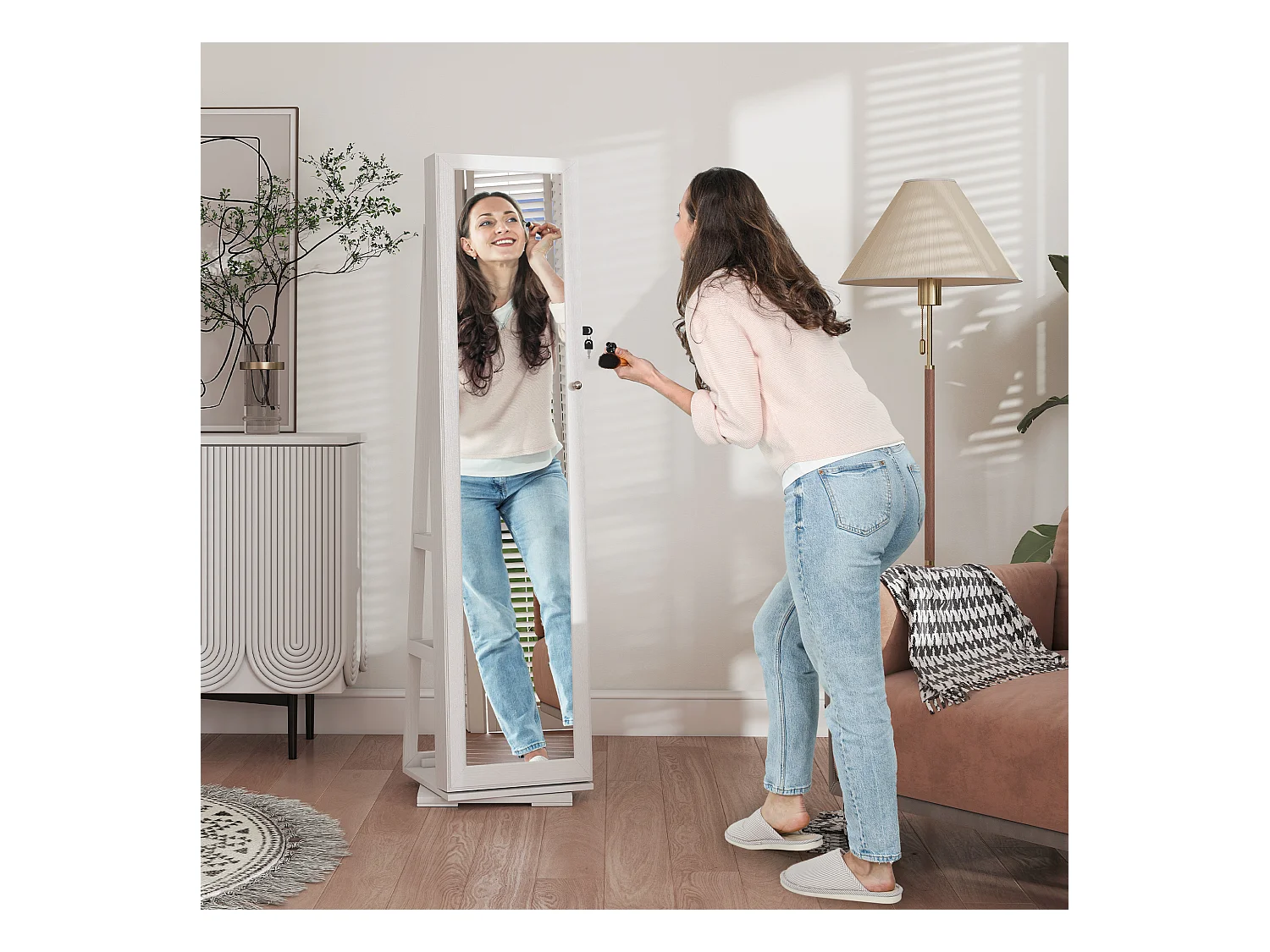 Specchio portagioie moderno camera in legno bianco con 2 chiavi