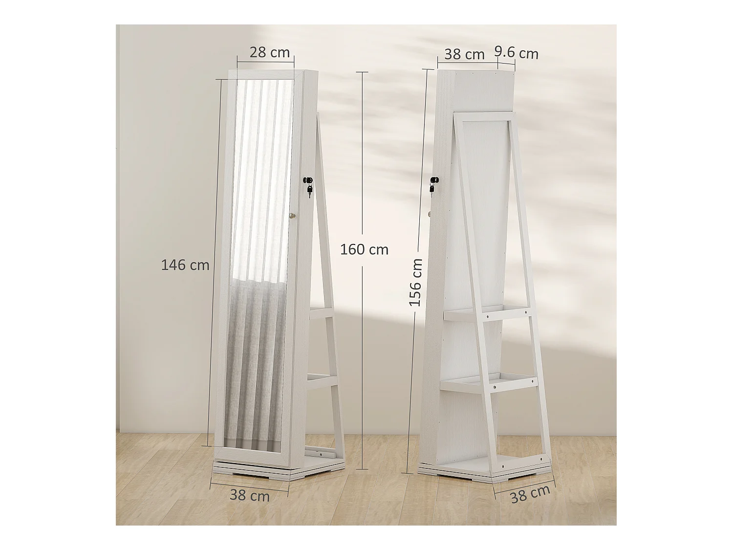 Specchio portagioie moderno camera in legno bianco con 2 chiavi