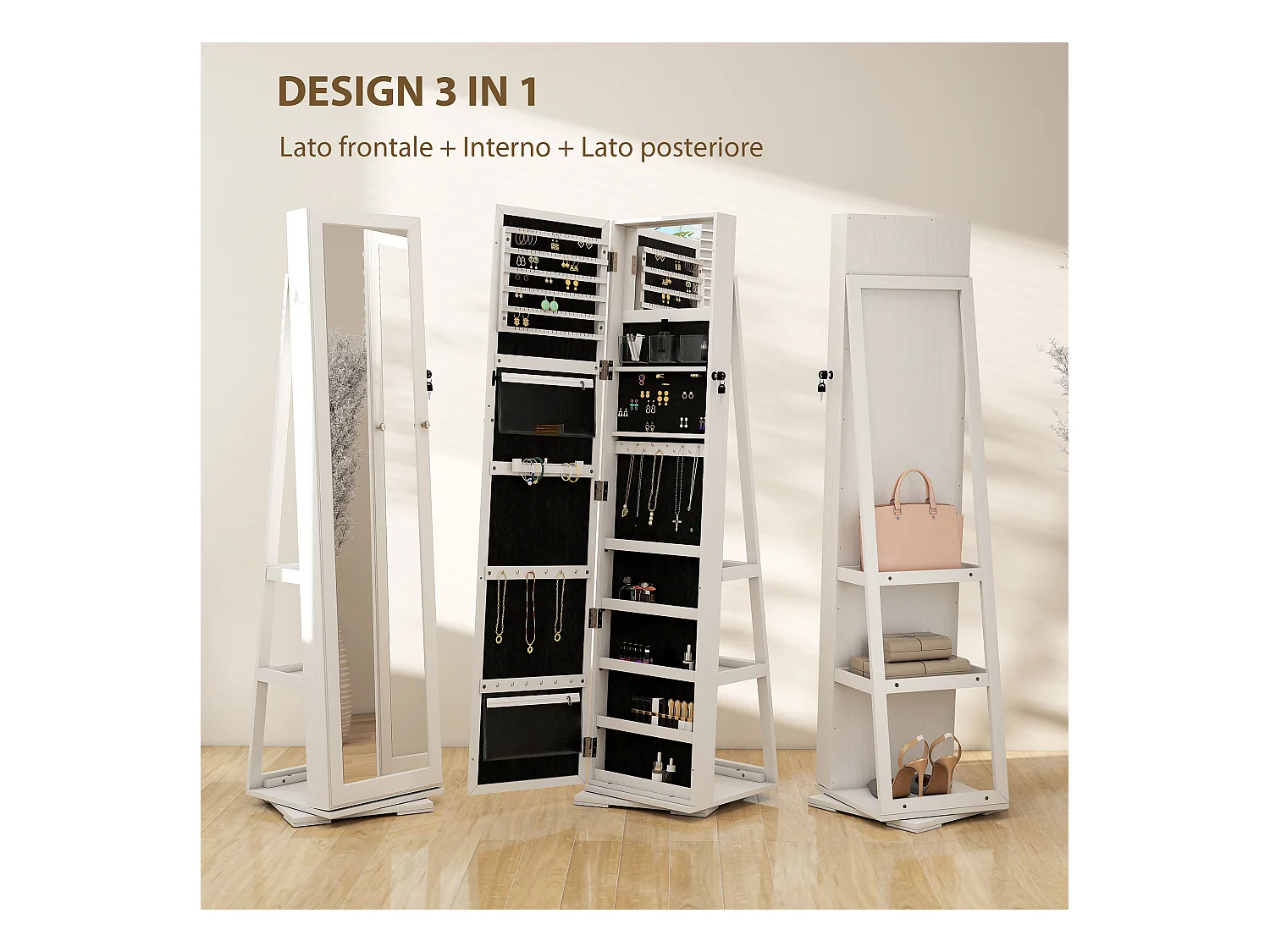 Specchio portagioie moderno camera in legno bianco con 2 chiavi