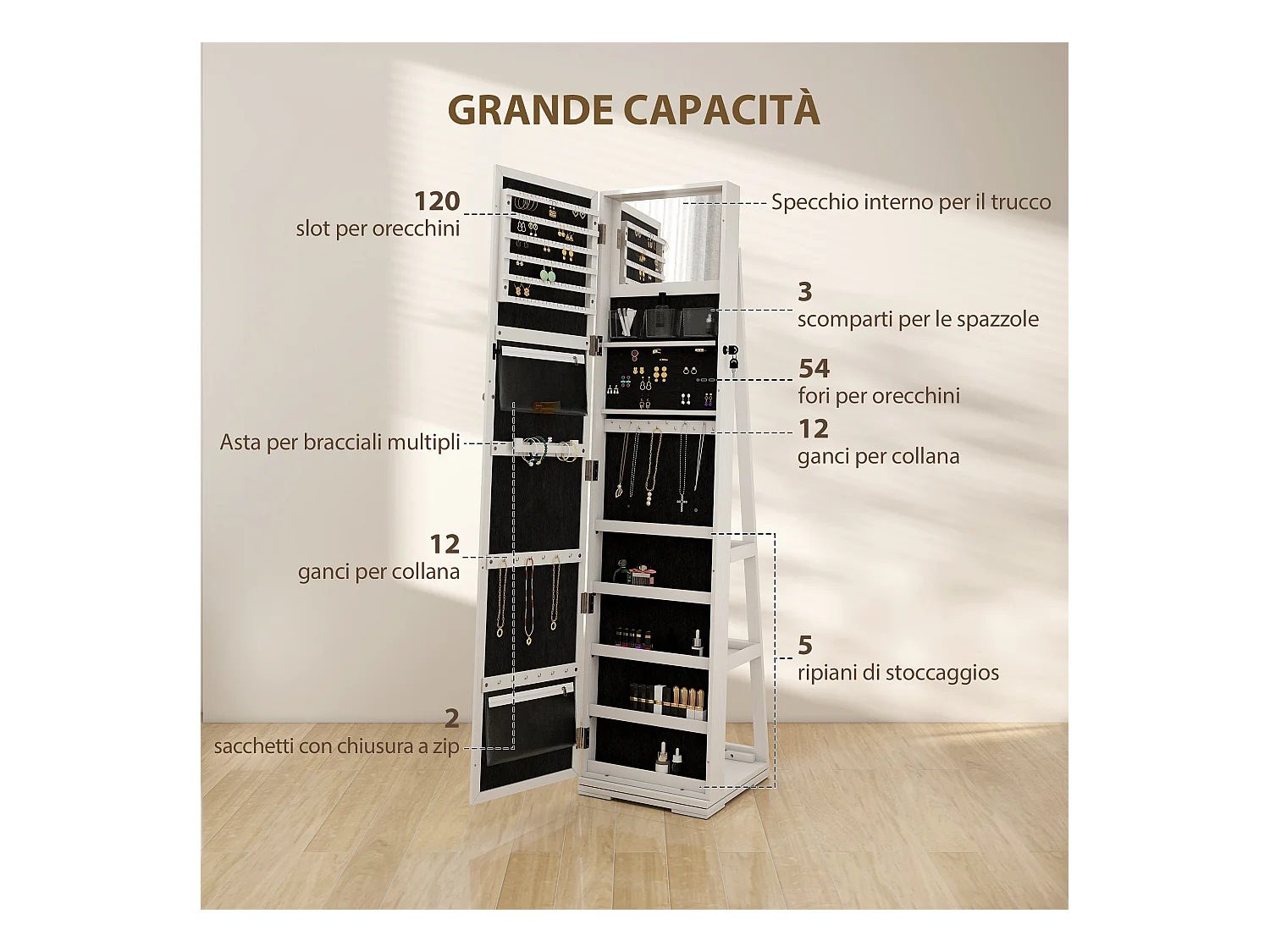 Specchio portagioie moderno camera in legno bianco con 2 chiavi