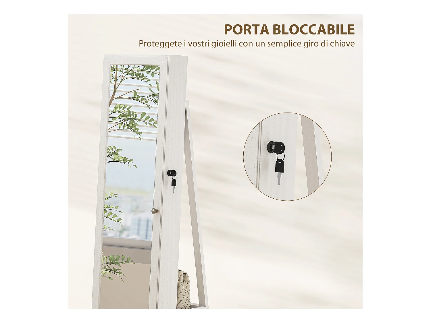 Specchio portagioie moderno camera in legno bianco con 2 chiavi