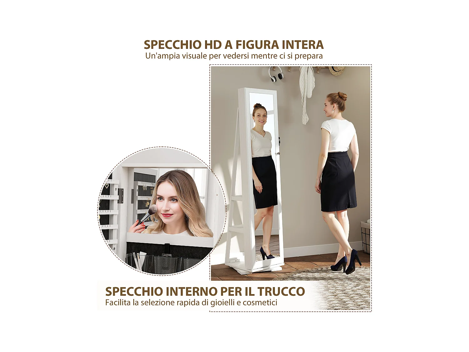 Specchio portagioie moderno camera in legno bianco con 2 chiavi