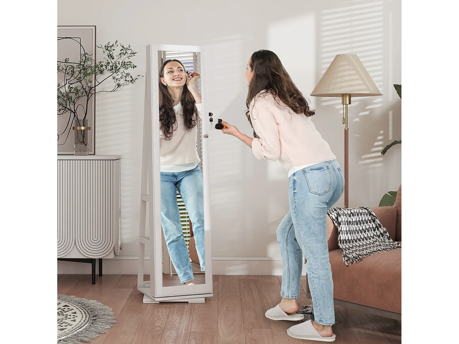 Specchio portagioie moderno camera in legno bianco con 2 chiavi