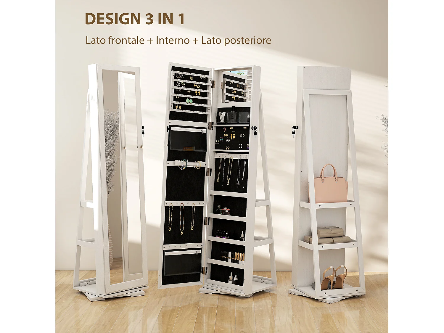 Specchio portagioie moderno camera in legno bianco con 2 chiavi