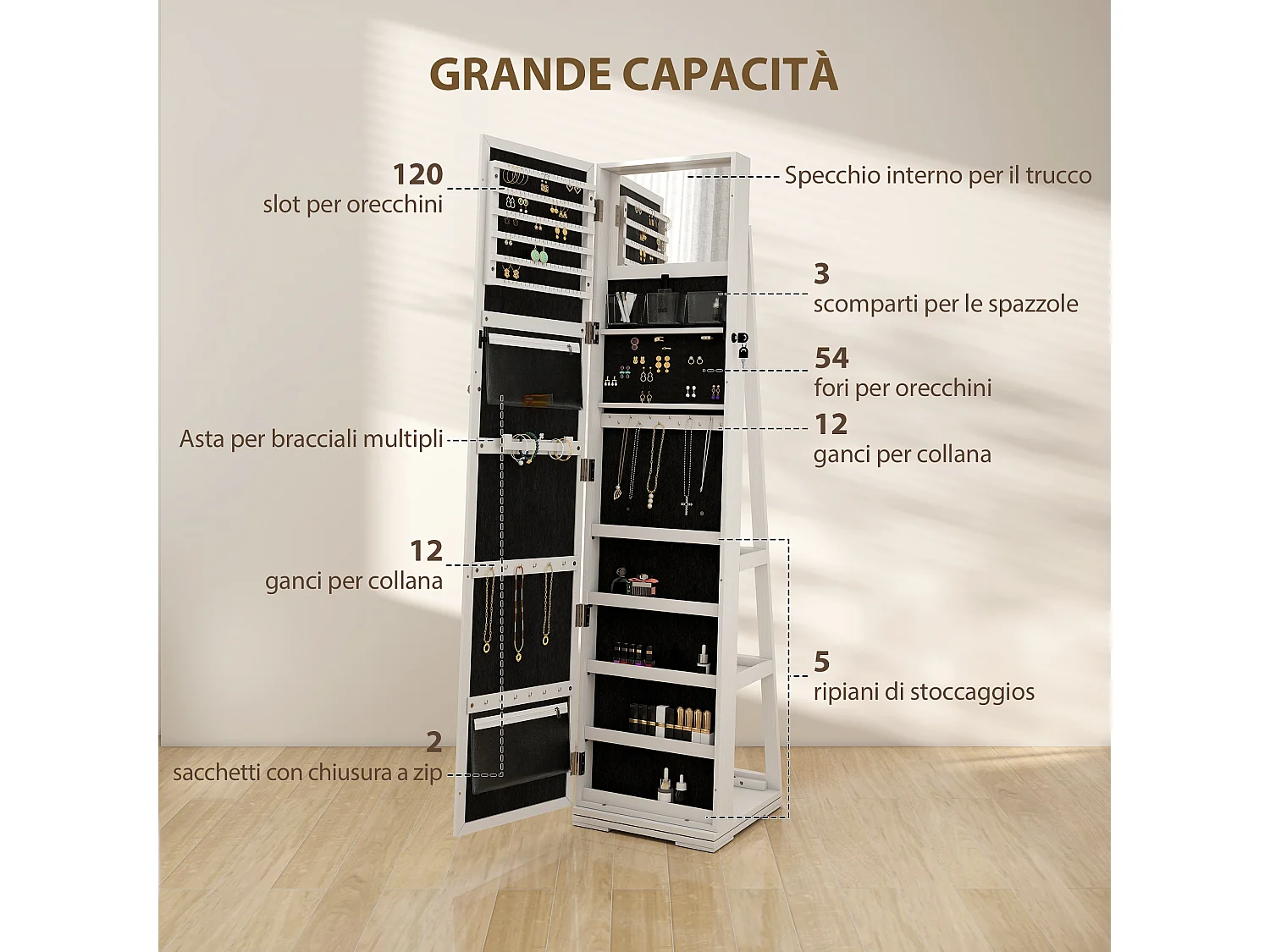 Specchio portagioie moderno camera in legno bianco con 2 chiavi