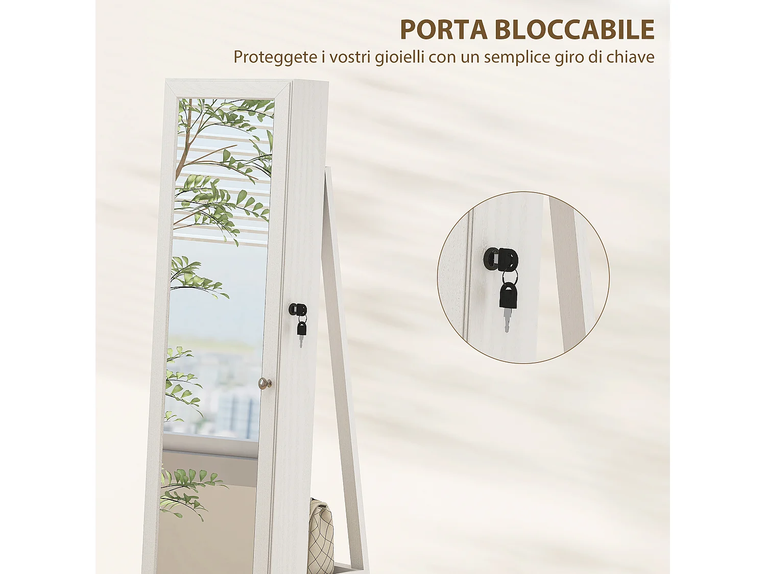 Specchio portagioie moderno camera in legno bianco con 2 chiavi