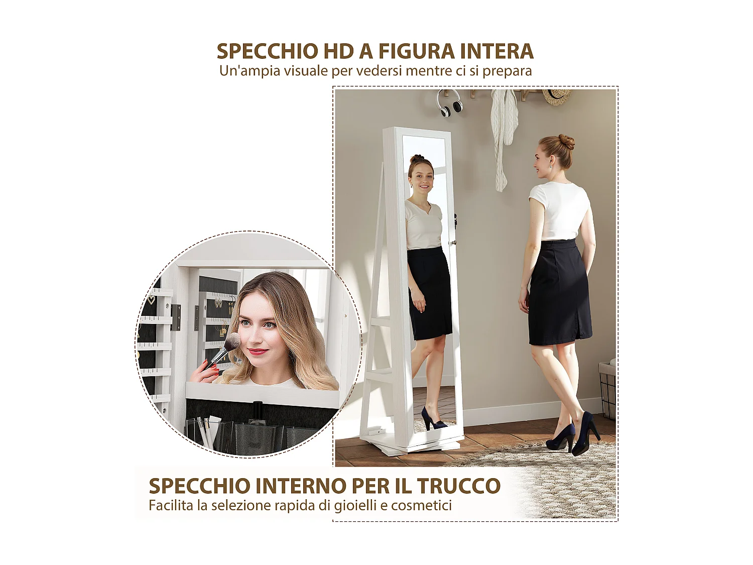 Specchio portagioie moderno camera in legno bianco con 2 chiavi