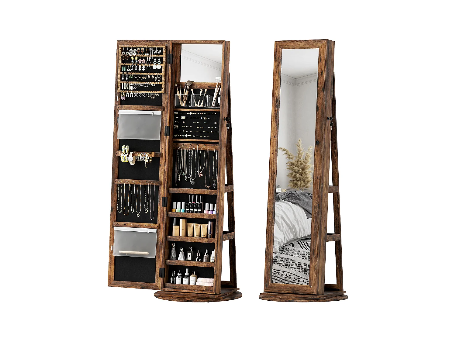 Specchio portagioie girevole da terra con chiave marrone rustico