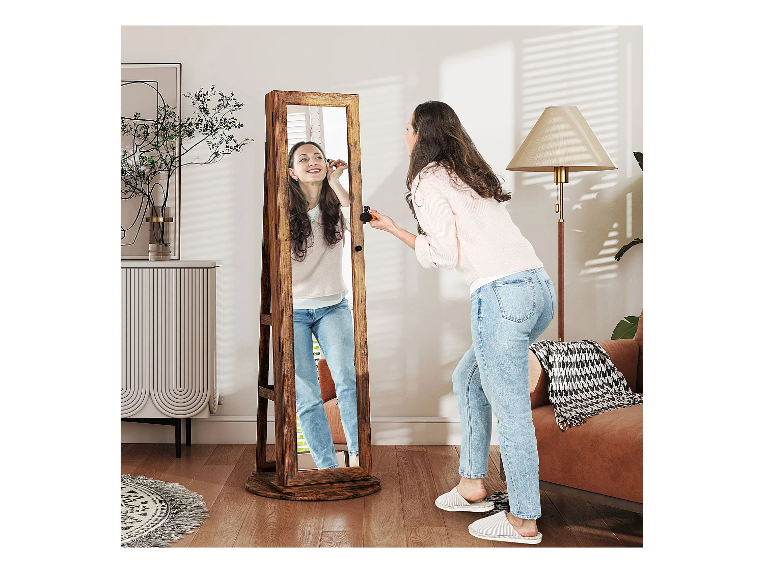 Specchio portagioie girevole da terra con chiave marrone rustico