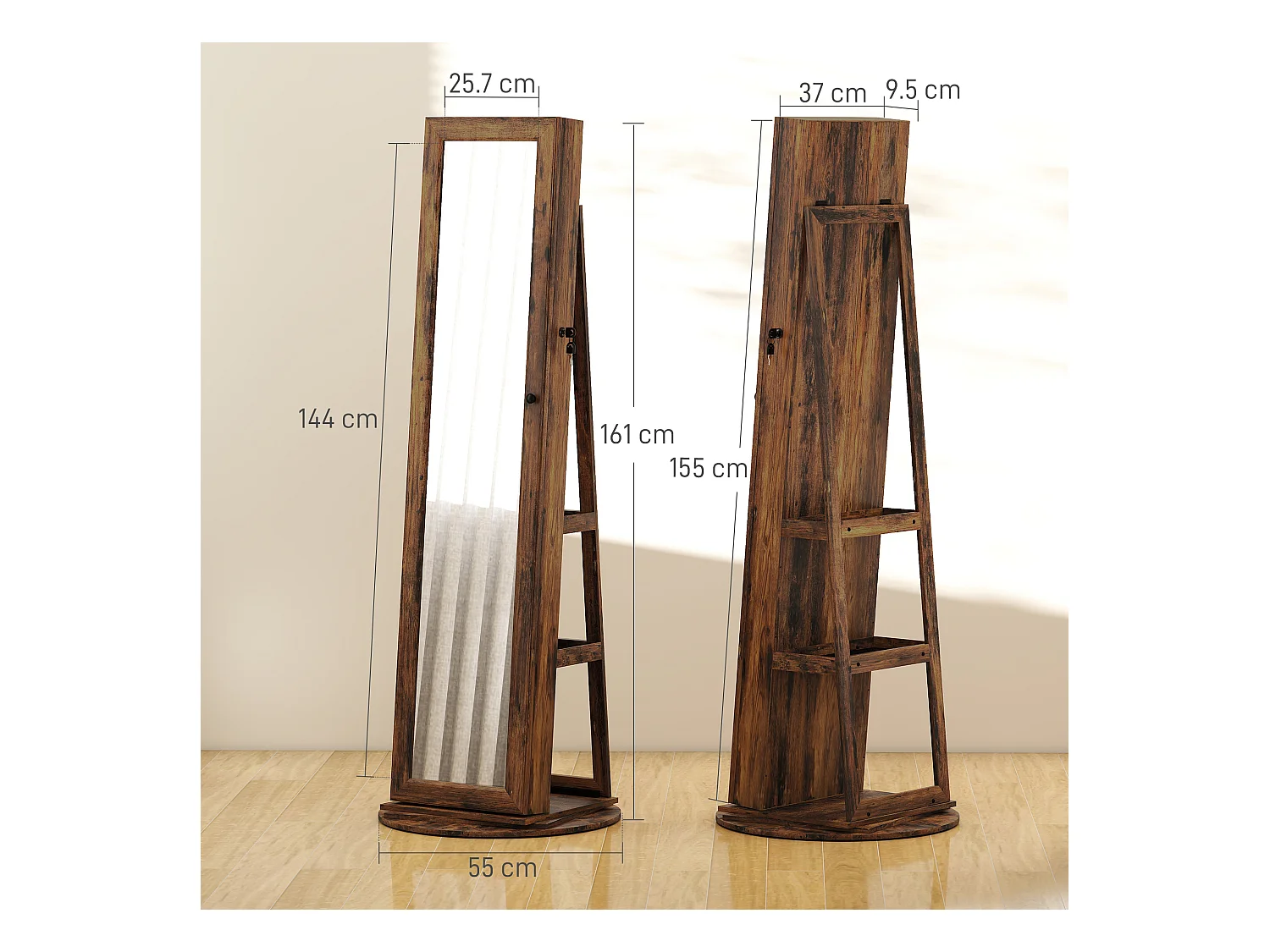 Specchio portagioie girevole da terra con chiave marrone rustico