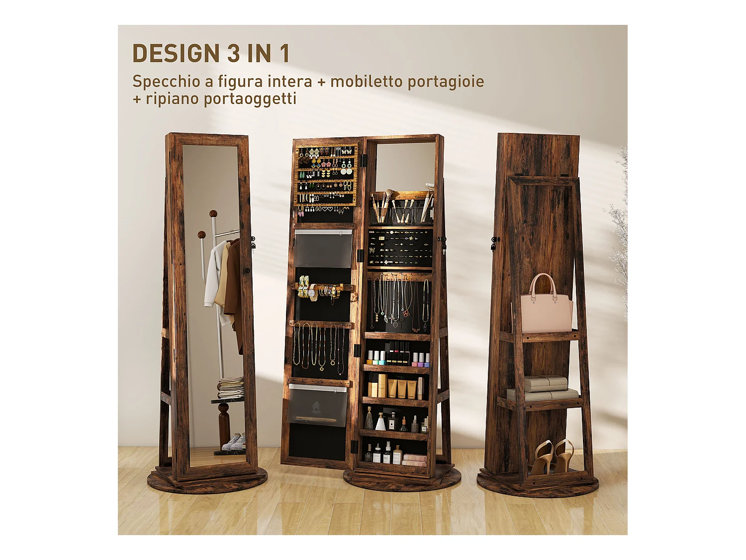 Specchio portagioie girevole da terra con chiave marrone rustico