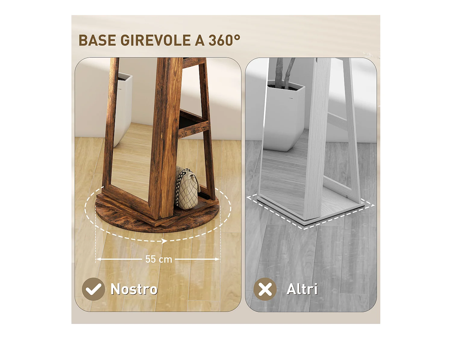 Specchio portagioie girevole da terra con chiave marrone rustico