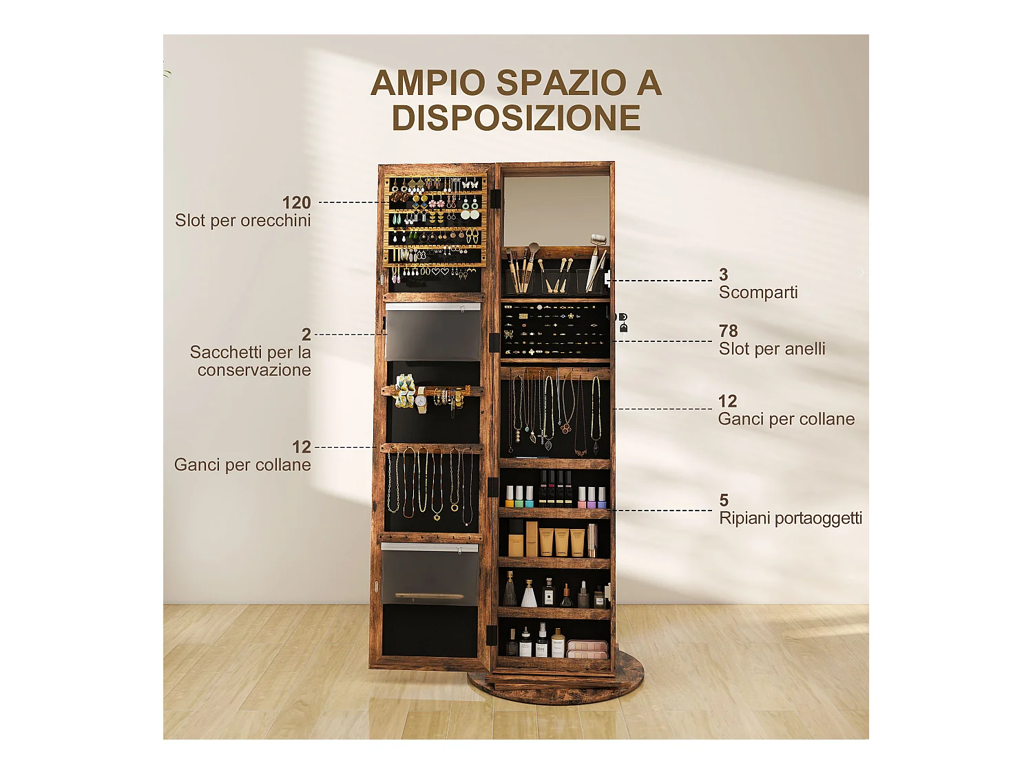 Specchio portagioie girevole da terra con chiave marrone rustico