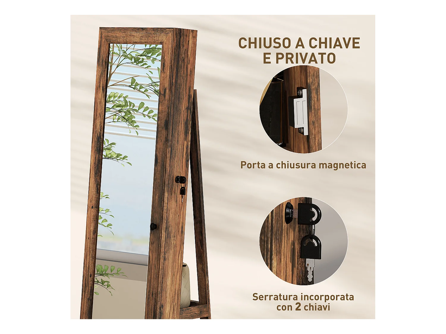 Specchio portagioie girevole da terra con chiave marrone rustico