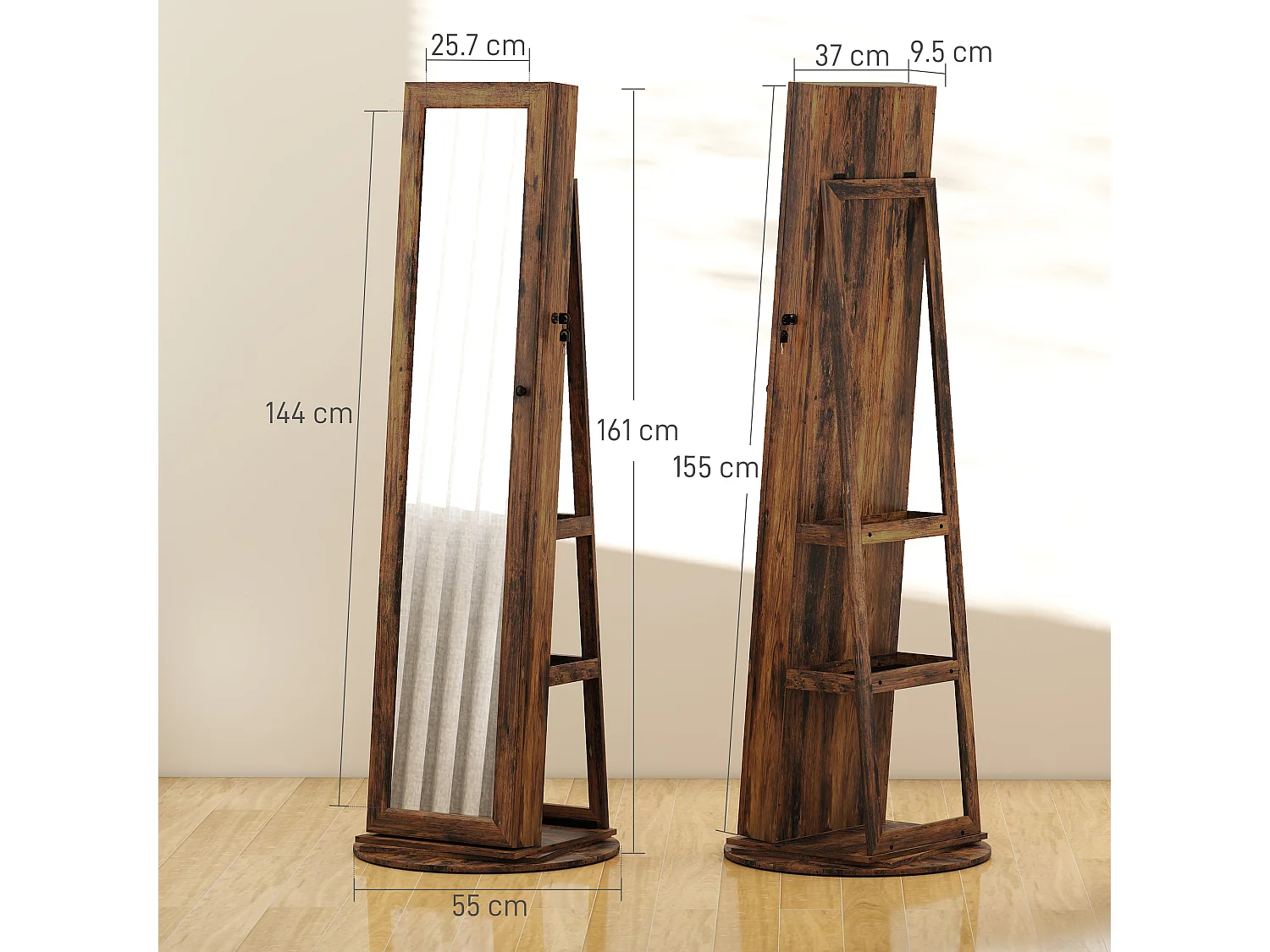 Specchio portagioie girevole da terra con chiave marrone rustico