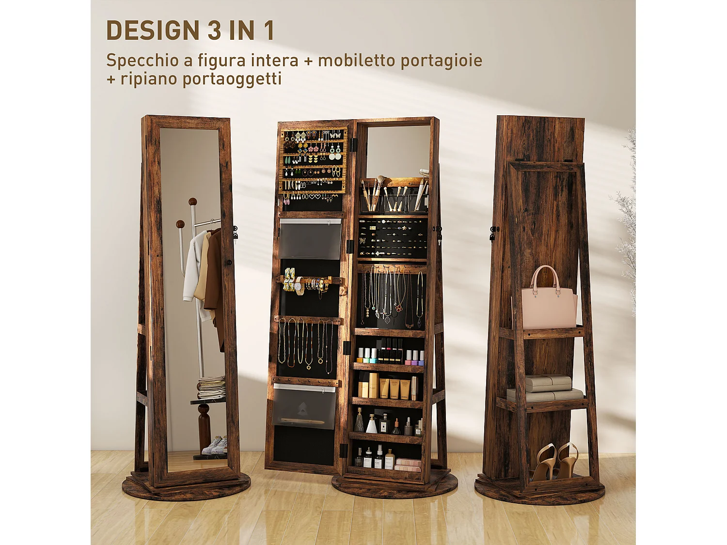 Specchio portagioie girevole da terra con chiave marrone rustico