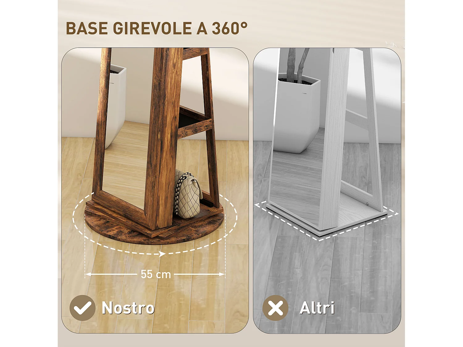 Specchio portagioie girevole da terra con chiave marrone rustico