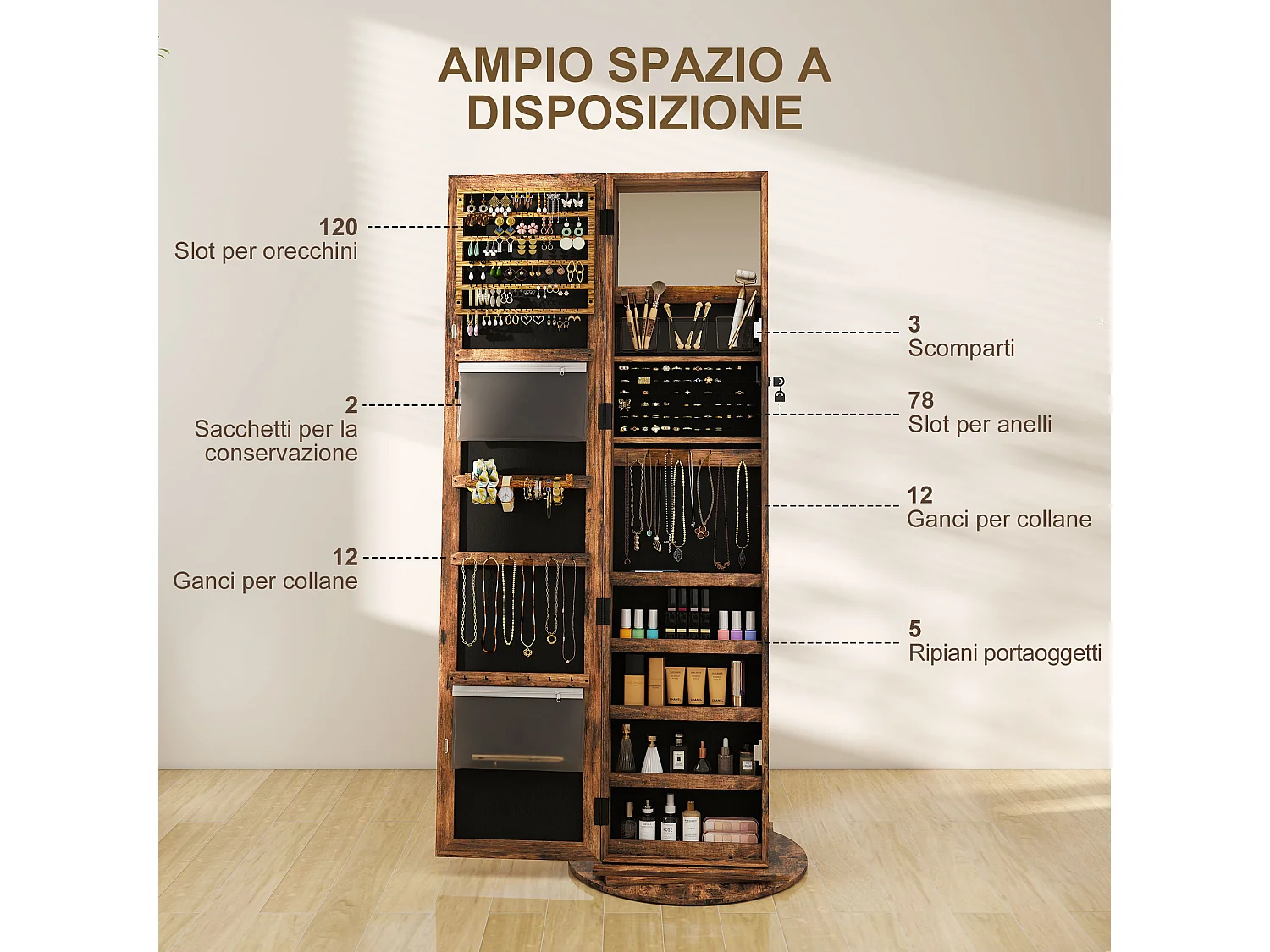 Specchio portagioie girevole da terra con chiave marrone rustico