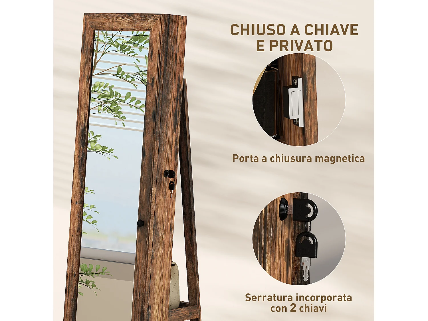 Specchio portagioie girevole da terra con chiave marrone rustico