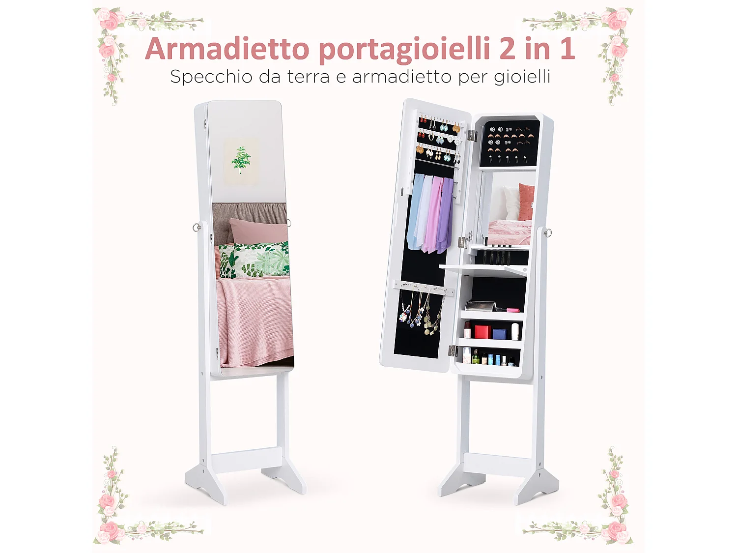 Portagioielli da terra con specchio regolabile e illuminazione led