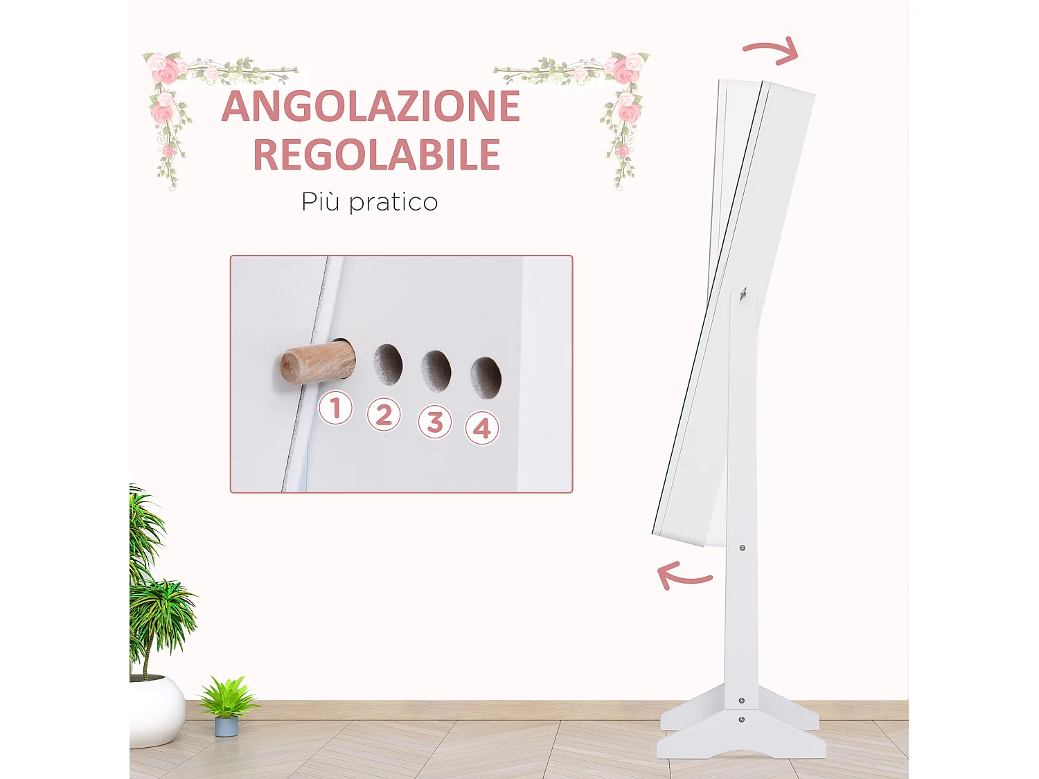 Portagioielli da terra con specchio regolabile e illuminazione led
