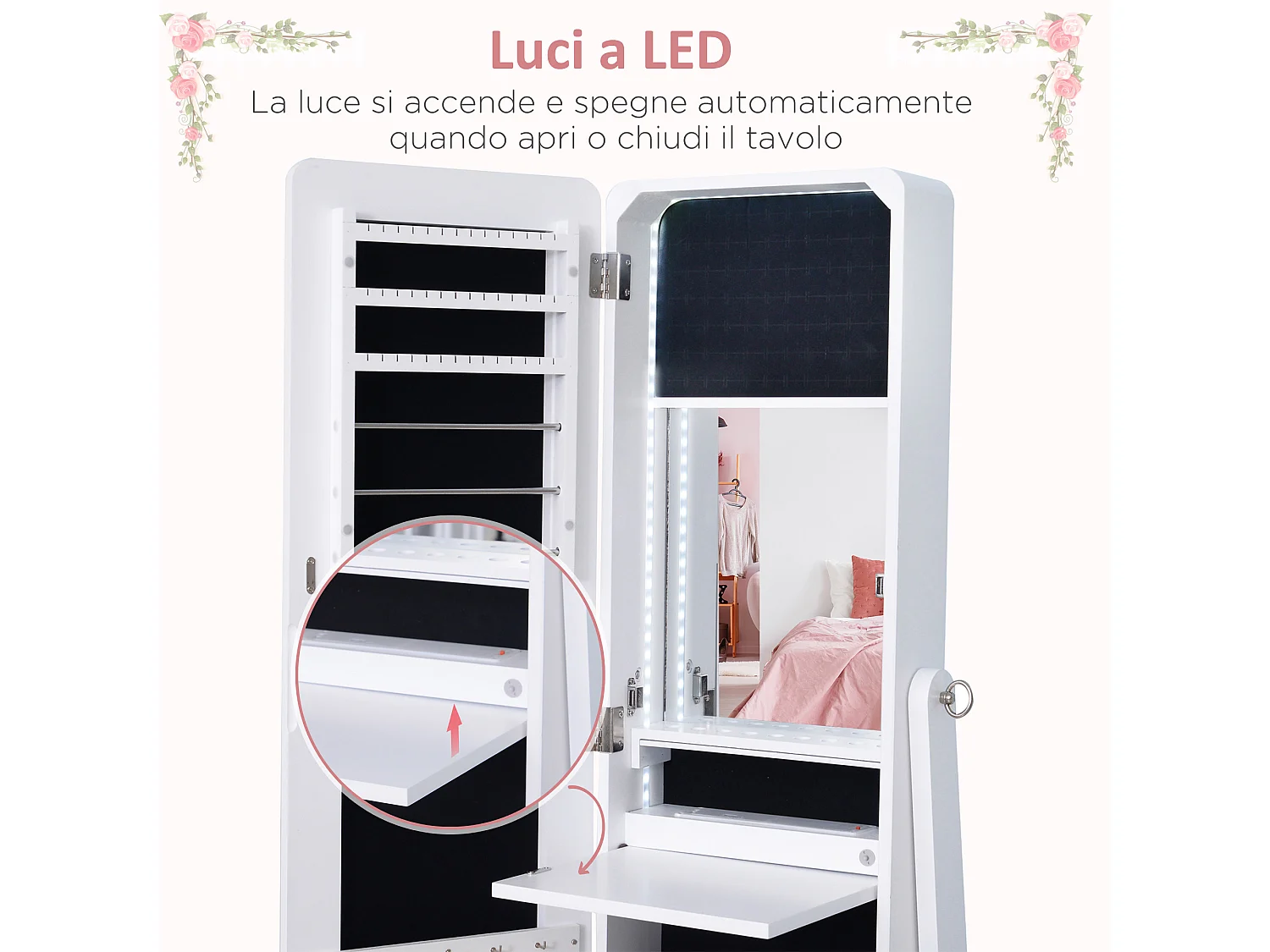 Portagioielli da terra con specchio regolabile e illuminazione led