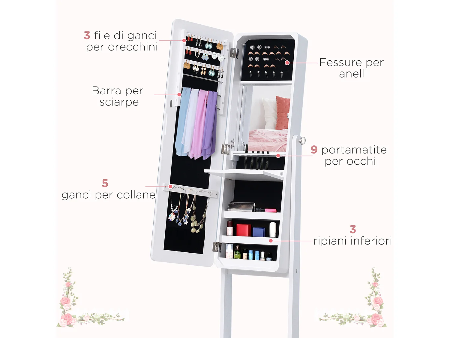 Portagioielli da terra con specchio regolabile e illuminazione led