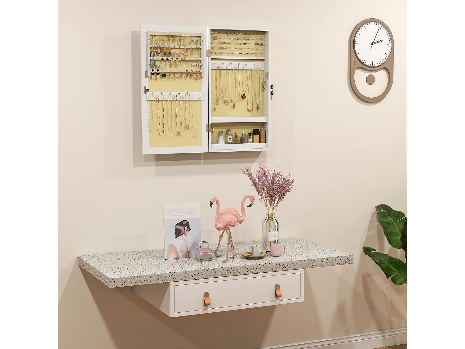 Mobiletto portagioie a specchio a muro con 2 chiavi in mdf bianco