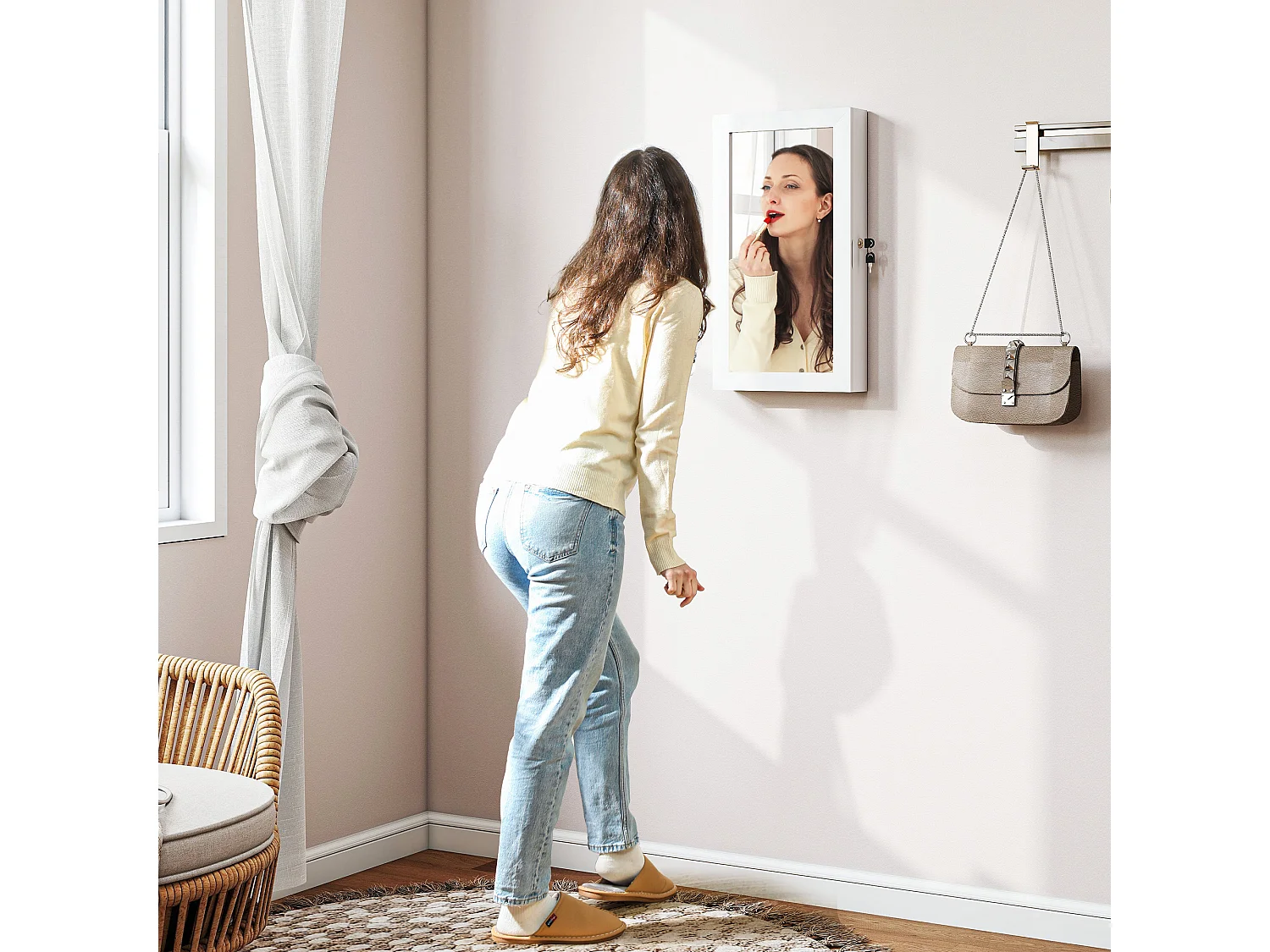 Mobiletto portagioie a specchio a muro con 2 chiavi in mdf bianco