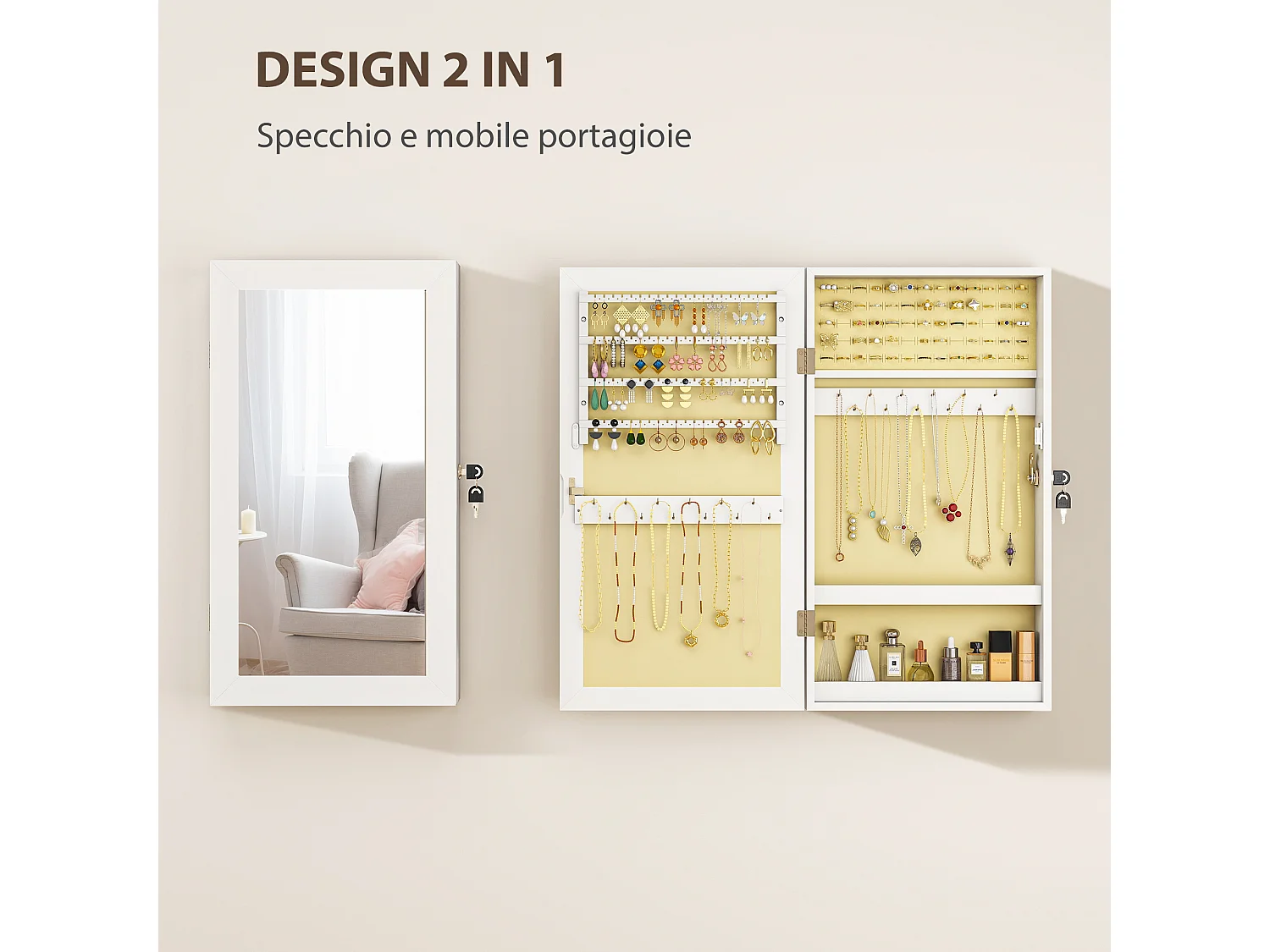 Mobiletto portagioie a specchio a muro con 2 chiavi in mdf bianco