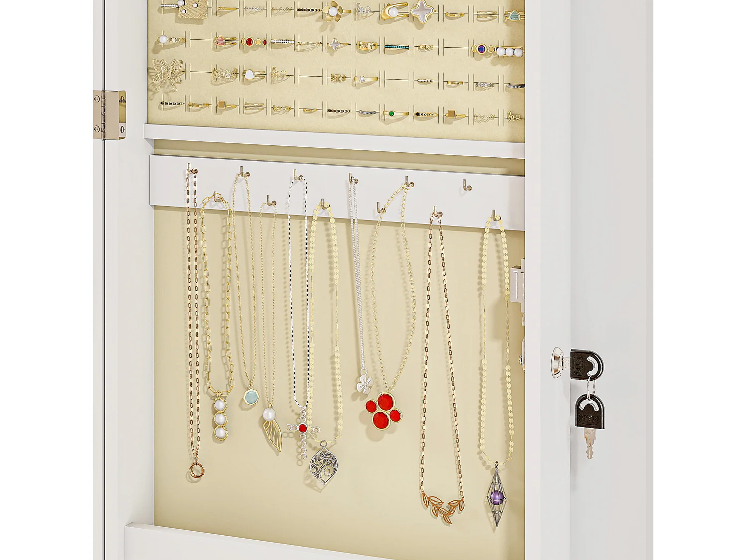 Mobiletto portagioie a specchio a muro con 2 chiavi in mdf bianco