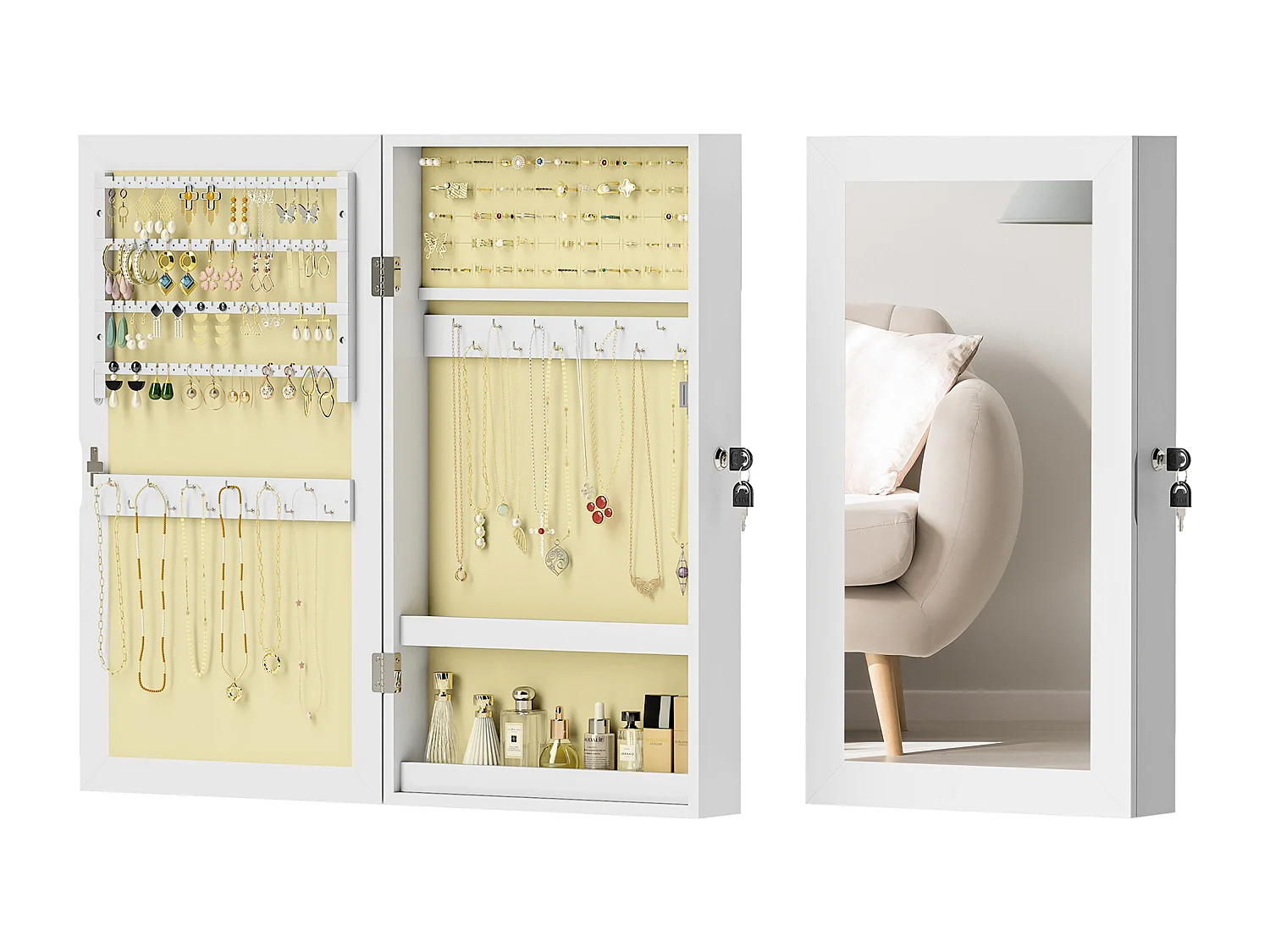 Mobiletto portagioie a specchio a muro con 2 chiavi in mdf bianco