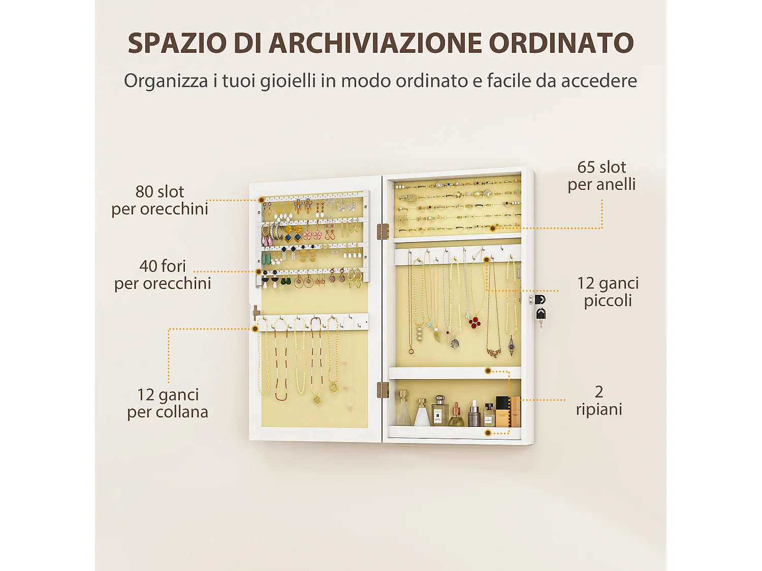 Mobiletto portagioie a specchio a muro con 2 chiavi in mdf bianco