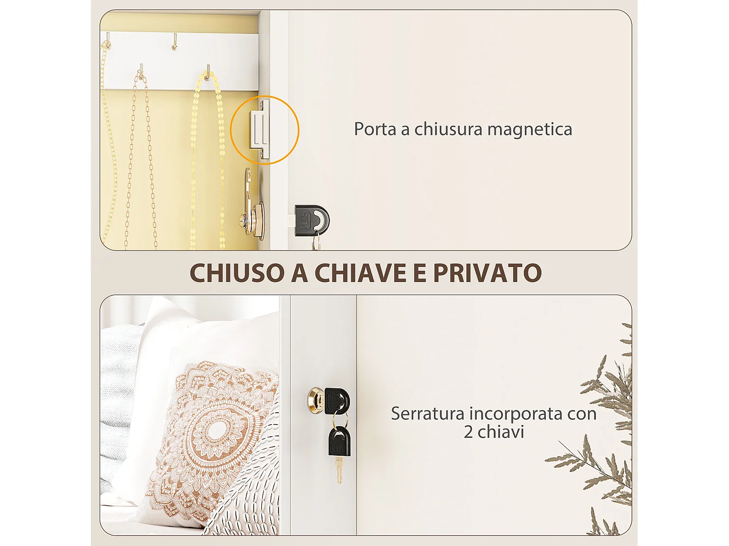 Mobiletto portagioie a specchio a muro con 2 chiavi in mdf bianco