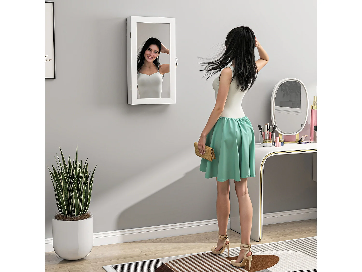 Mobiletto portagioie a specchio a muro con 2 chiavi in mdf bianco